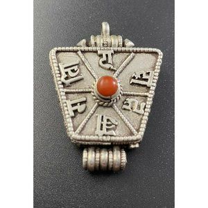Vintage Tibetan Gau Box Locket Pendant Sterling Silver Coral Prayer Box
